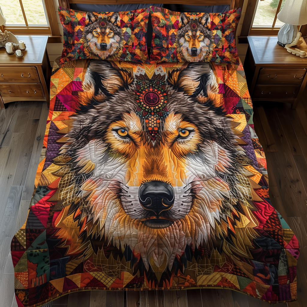 Wolf Southwest quilted 3-piece bedding set on a made bed with two matching pillow shams