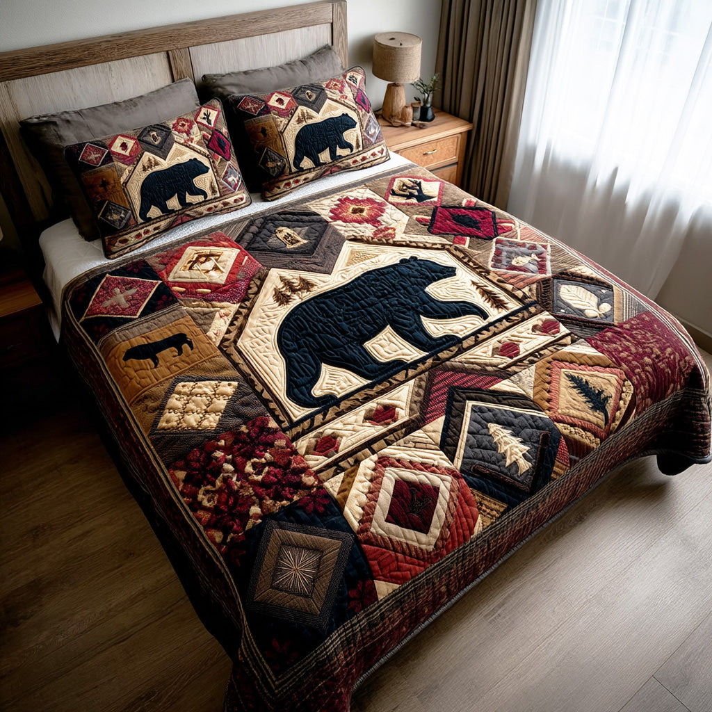 Woodland Bear Bear Lovers quilted 3-piece bedding set on a made bed with two matching pillow shams