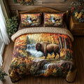 Woodland Embrace Autumn Forest quilted 3-piece bedding set on a made bed with two matching pillow shams