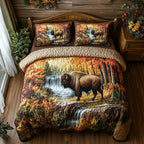 Woodland Embrace Autumn Forest quilted 3-piece bedding set on a made bed with two matching pillow shams