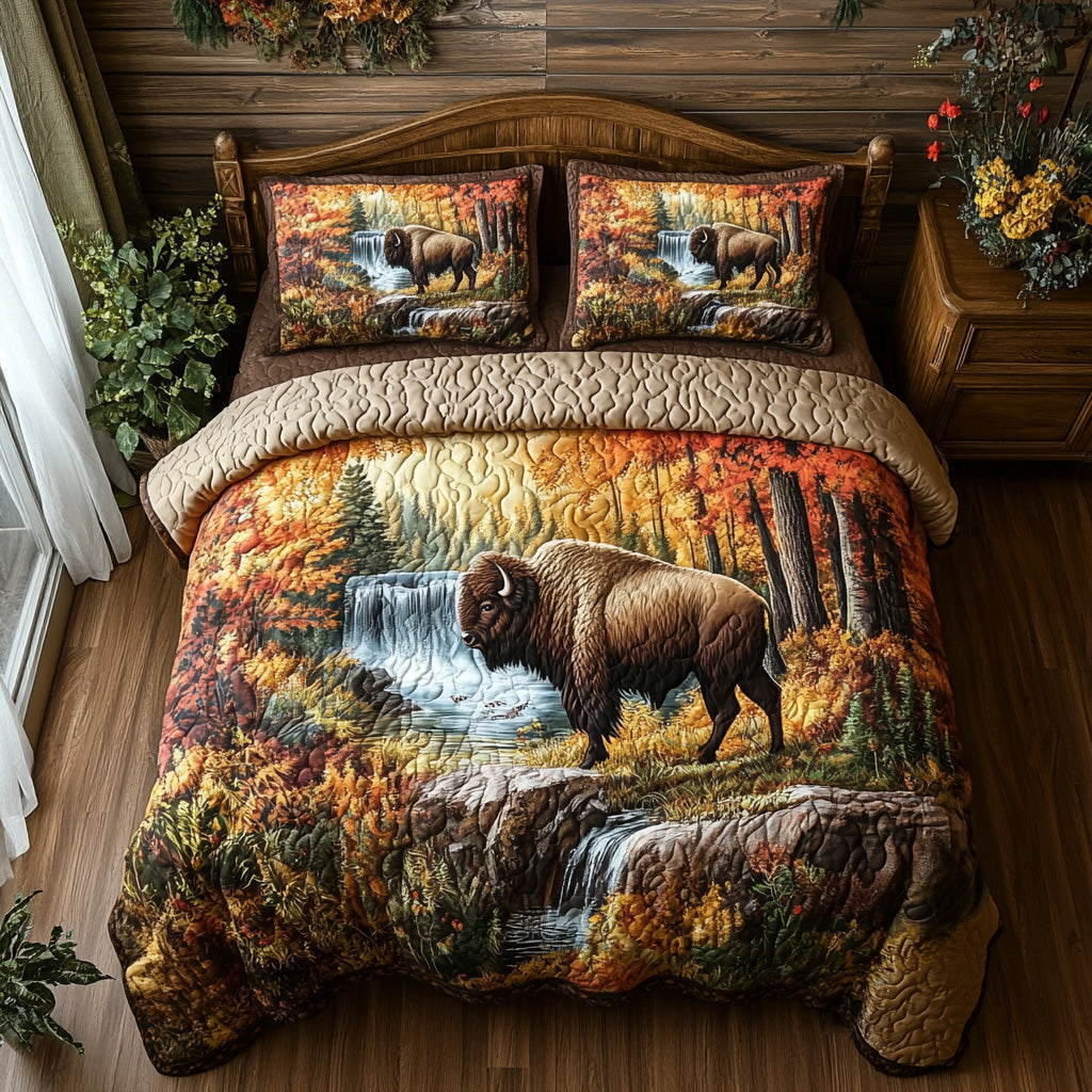 Woodland Embrace Autumn Forest quilted 3-piece bedding set on a made bed with two matching pillow shams