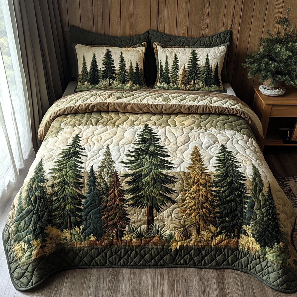 Woodland Escape Evergreen Tree quilted 3-piece bedding set on a made bed with two matching pillow shams