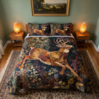 Woodland Stag quilted 3-piece bedding set on a made bed with two matching pillow shams