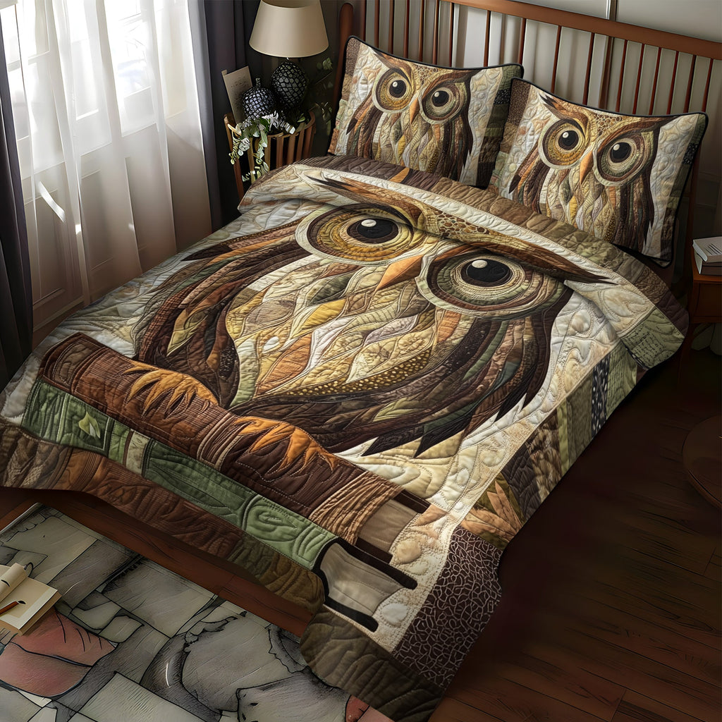 Woodland Wisdom Animal quilted 3-piece bedding set on a made bed with two matching pillow shams