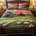 Woolly Sheep quilted 3-piece bedding set on a made bed with two matching pillow shams