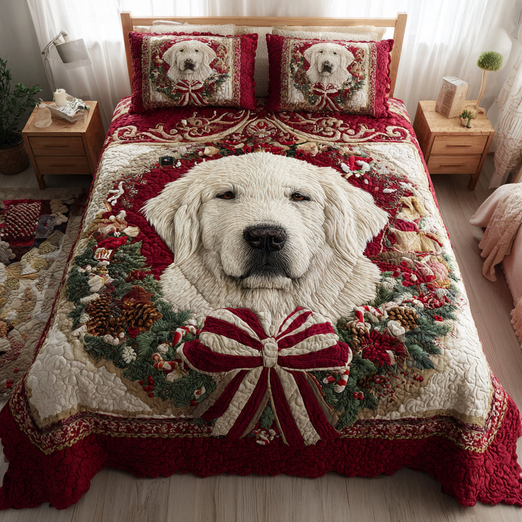 Wreath Great Pyrenees quilted 3-piece bedding set on a made bed with two matching pillow shams