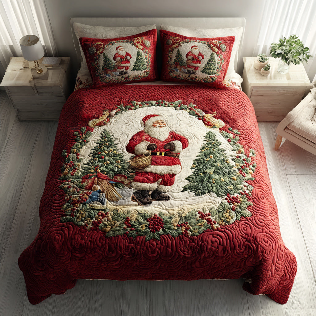 Wreath Santa Claus quilted 3-piece bedding set on a made bed with two matching pillow shams