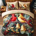 Yuletide Dream Christmastree quilted 3-piece bedding set on a made bed with two matching pillow shams