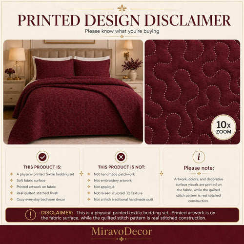 Printed design disclaimer: printed artwork on fabric with real quilted stitching, shown at 10x zoom