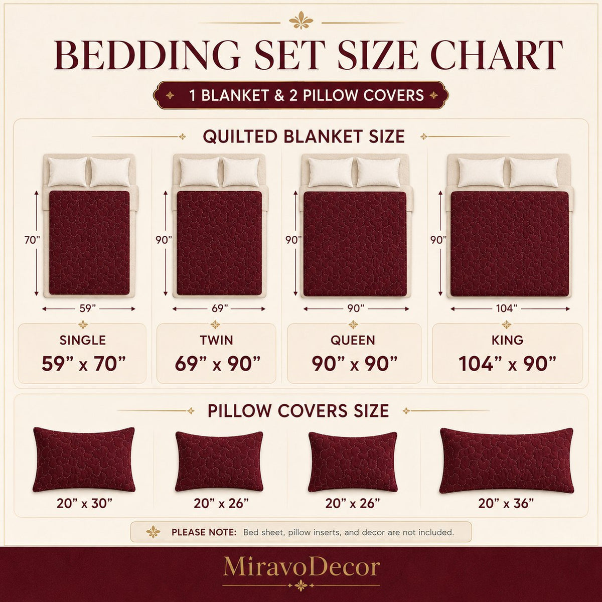 Size chart for the 3-piece quilted bedding set in Single, Twin, Queen and King