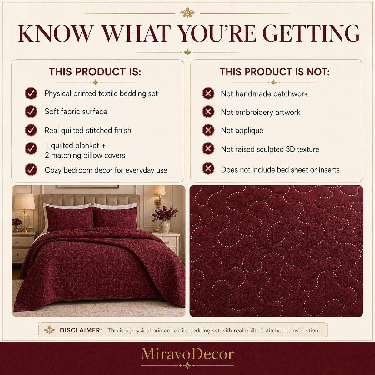 What this product is and is not: a printed textile bedding set, not handmade patchwork or embroidery